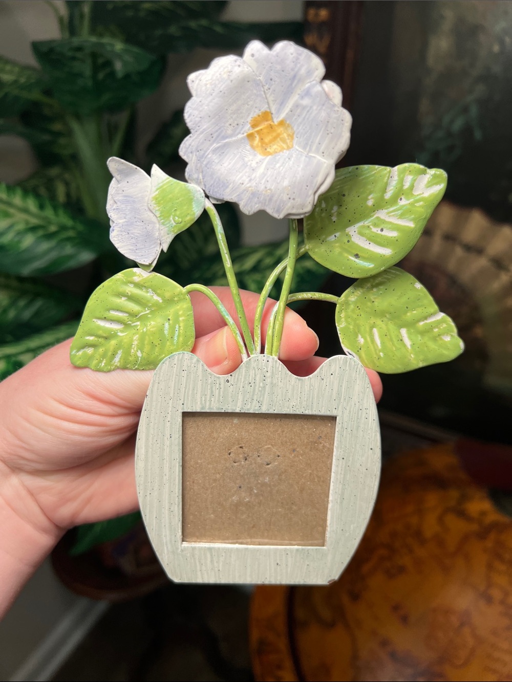 Vintage Cottagecore Enamel Metal Flower Miniature Picture Frame